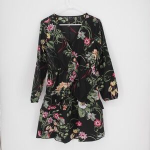 August Women's Black Floral Ruffle V-Neck Long Sleeve Mini Dress Size M